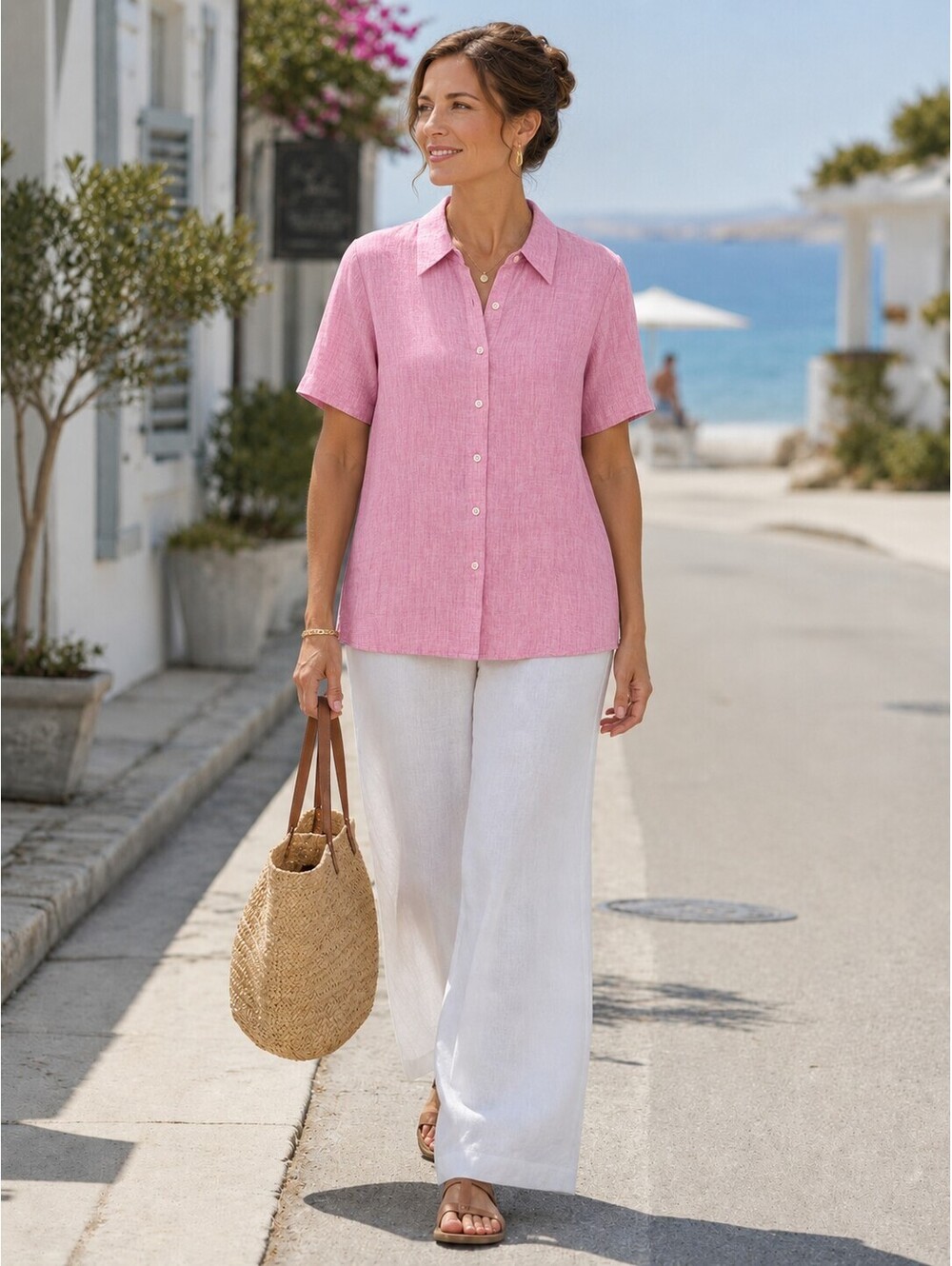 Lands' End Women's 16P Pink 100% Linen Button Front Short Sleeve Shirt, New